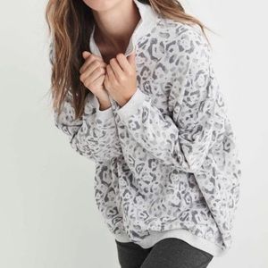 Aerie Oversized 1/4 Zip Grey Leopard Print Sweatshirt